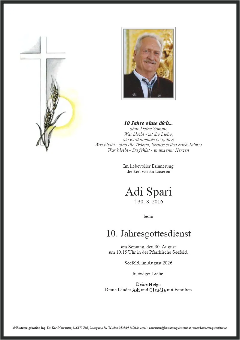 Jahrtagsanzeige von Adolf Spari