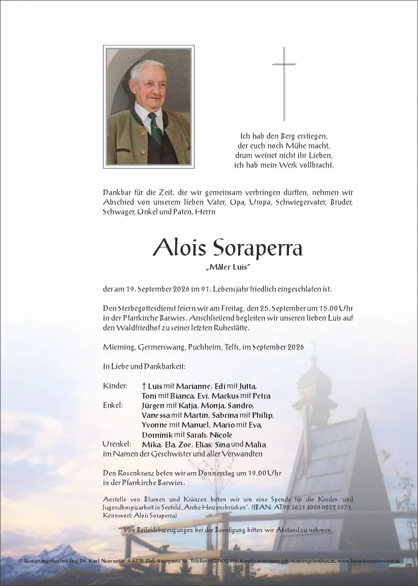 Parte von Alois Soraperra, Barwies