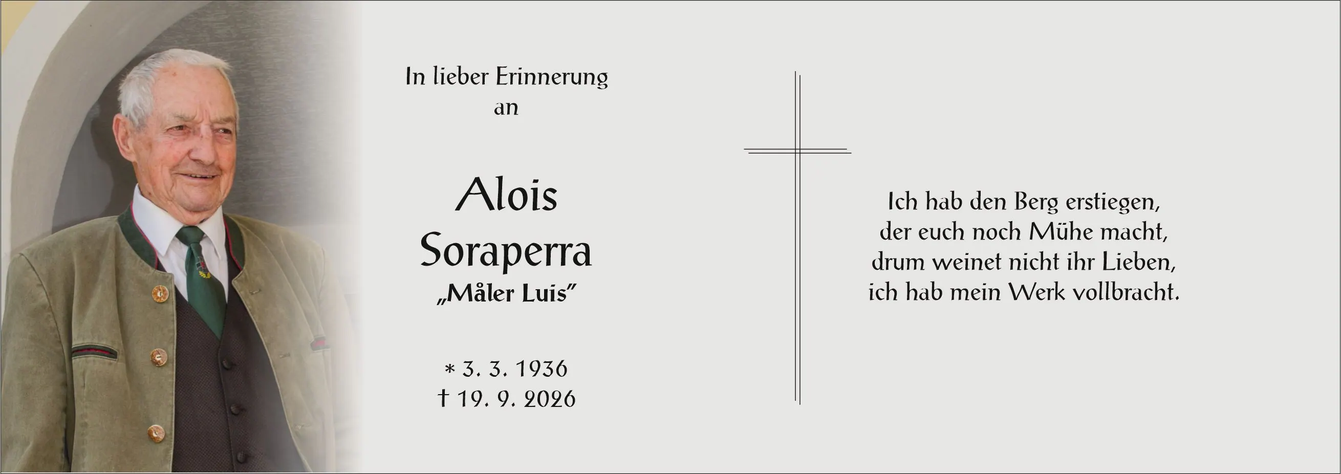 Sterbebild von Alois Soraperra, Barwies