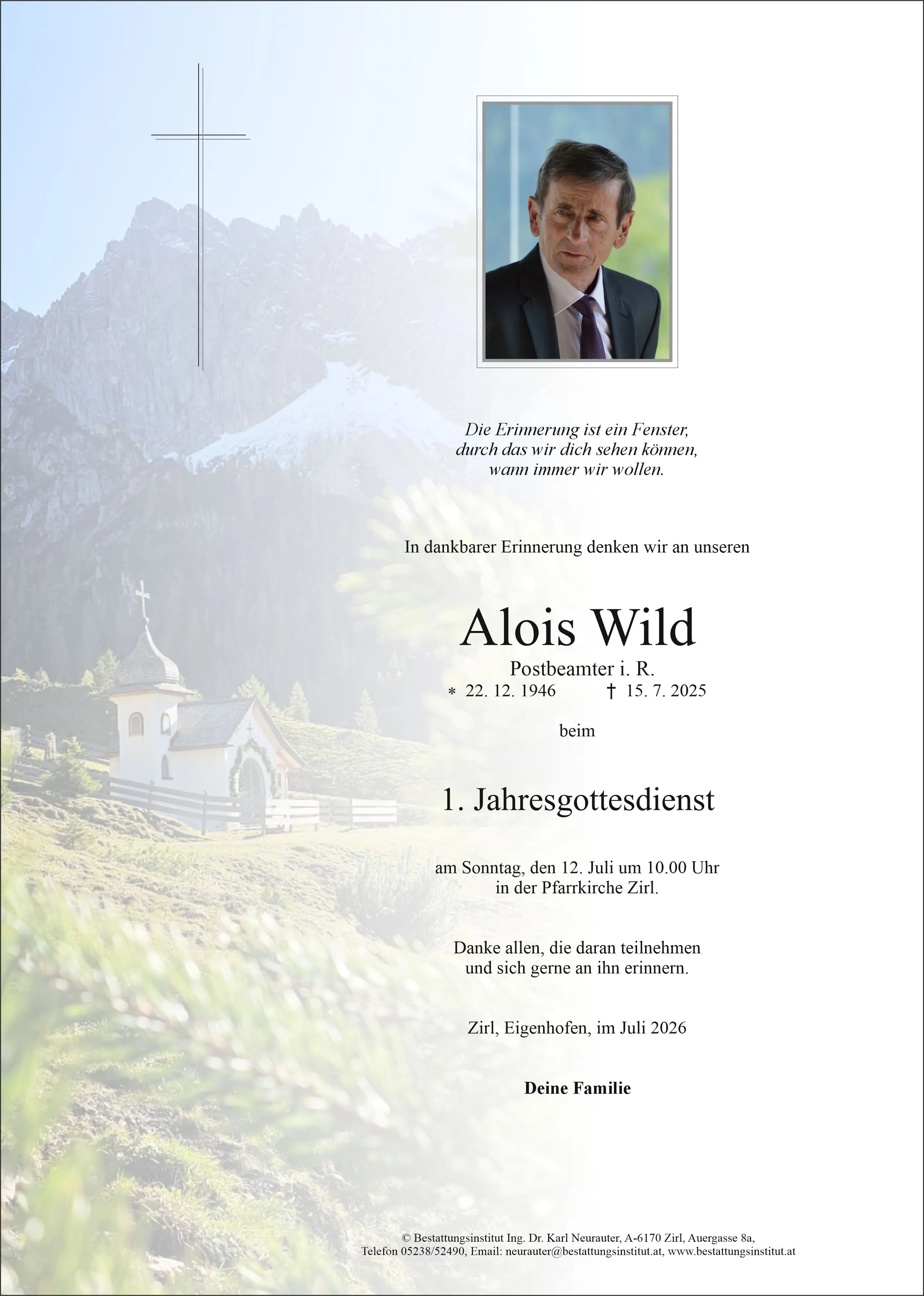 Jahrtagsanzeige von Alois Wild