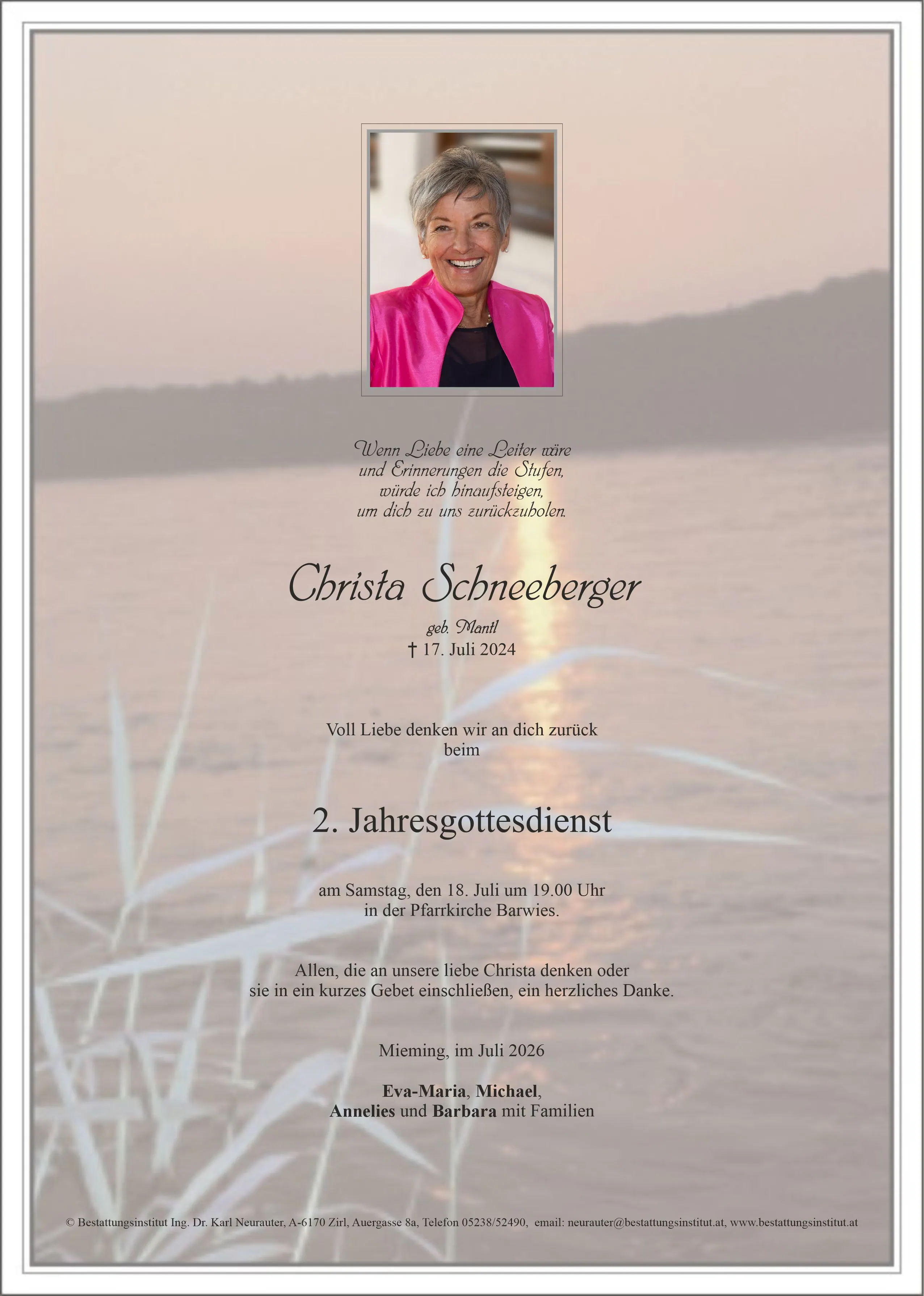 Jahrtagsanzeige von Christa Schneeberger