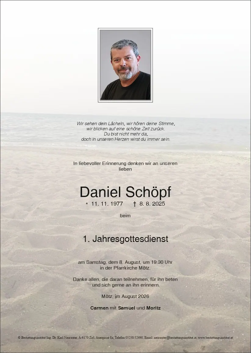 Jahrtagsanzeige von Daniel Schöpf