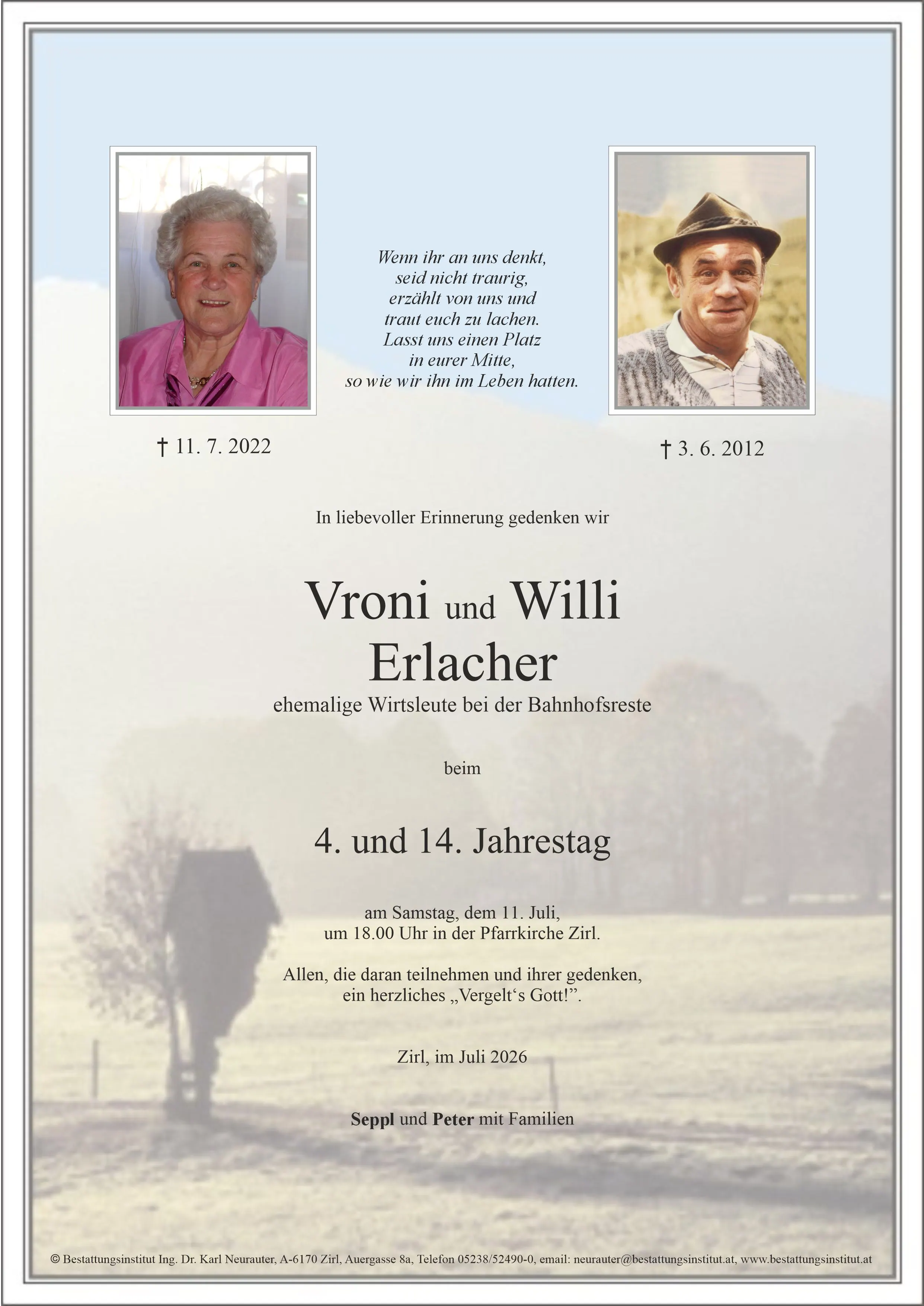 Jahrtagsanzeige von Willi Erlacher