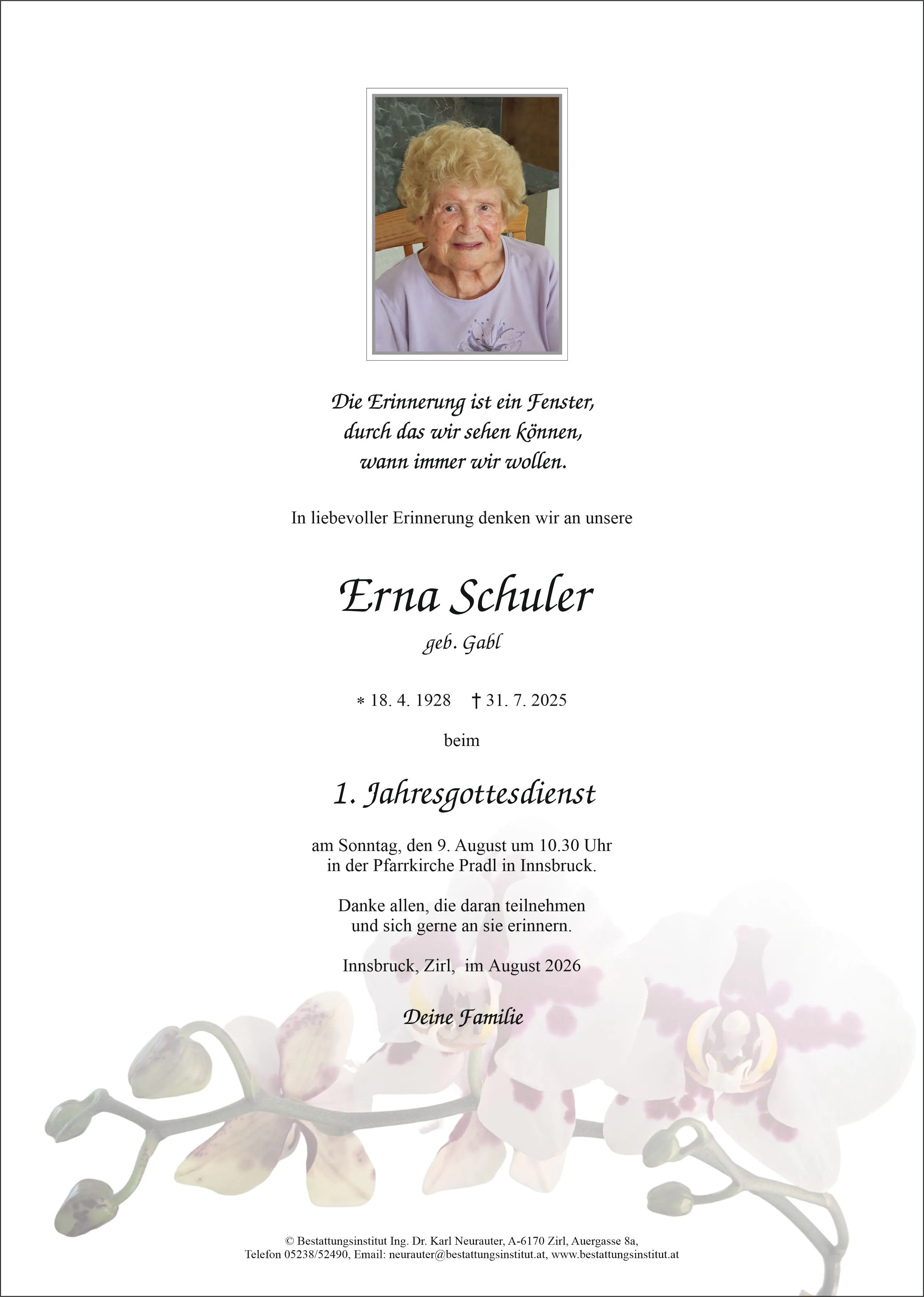 Jahrtagsanzeige von Erna Schuler