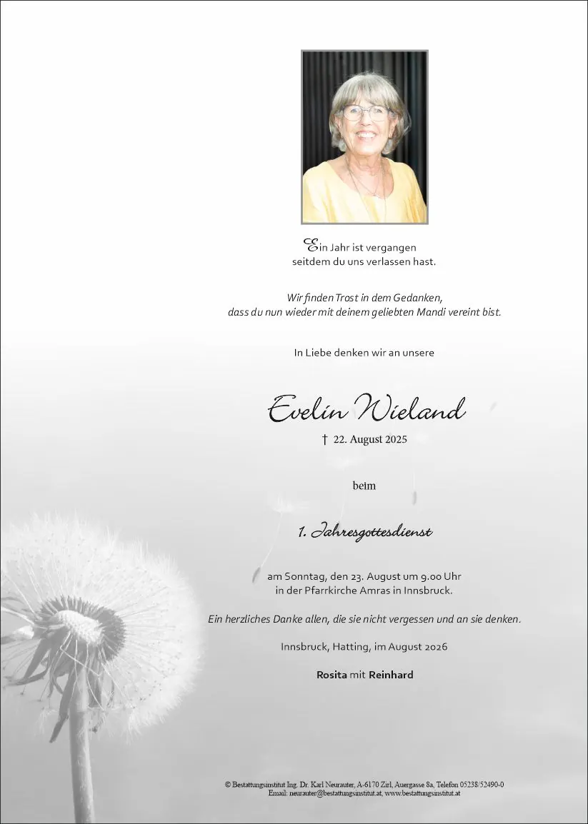 Jahrtagsanzeige von Evelin Wieland