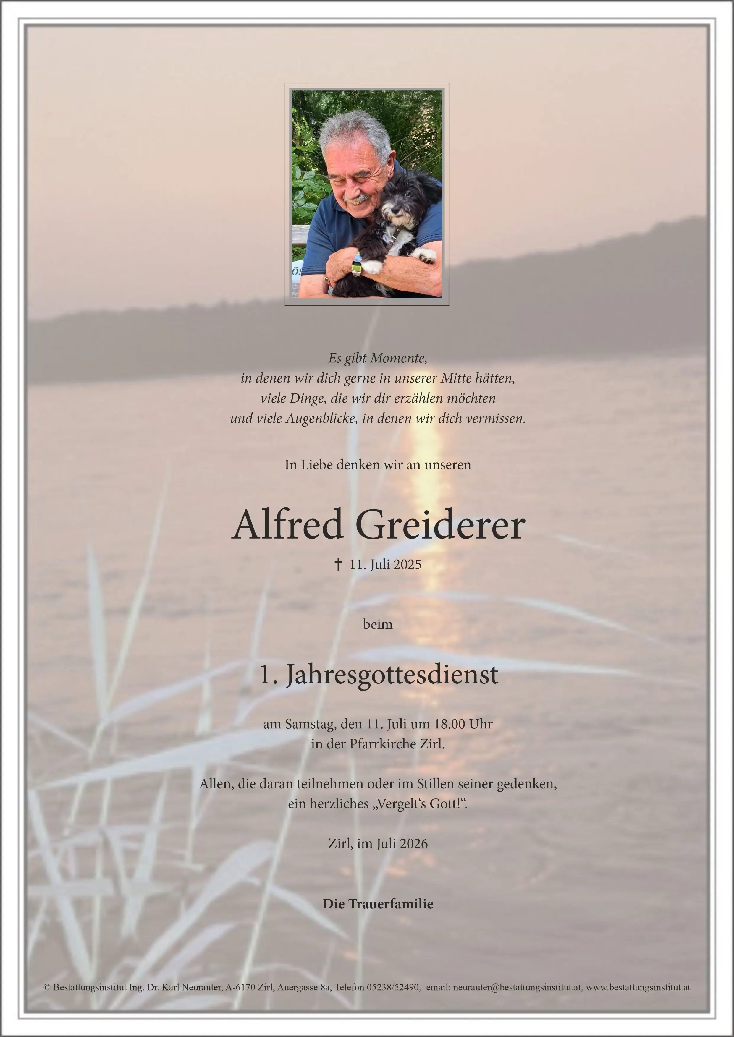 Jahrtagsanzeige von Alfred Greiderer