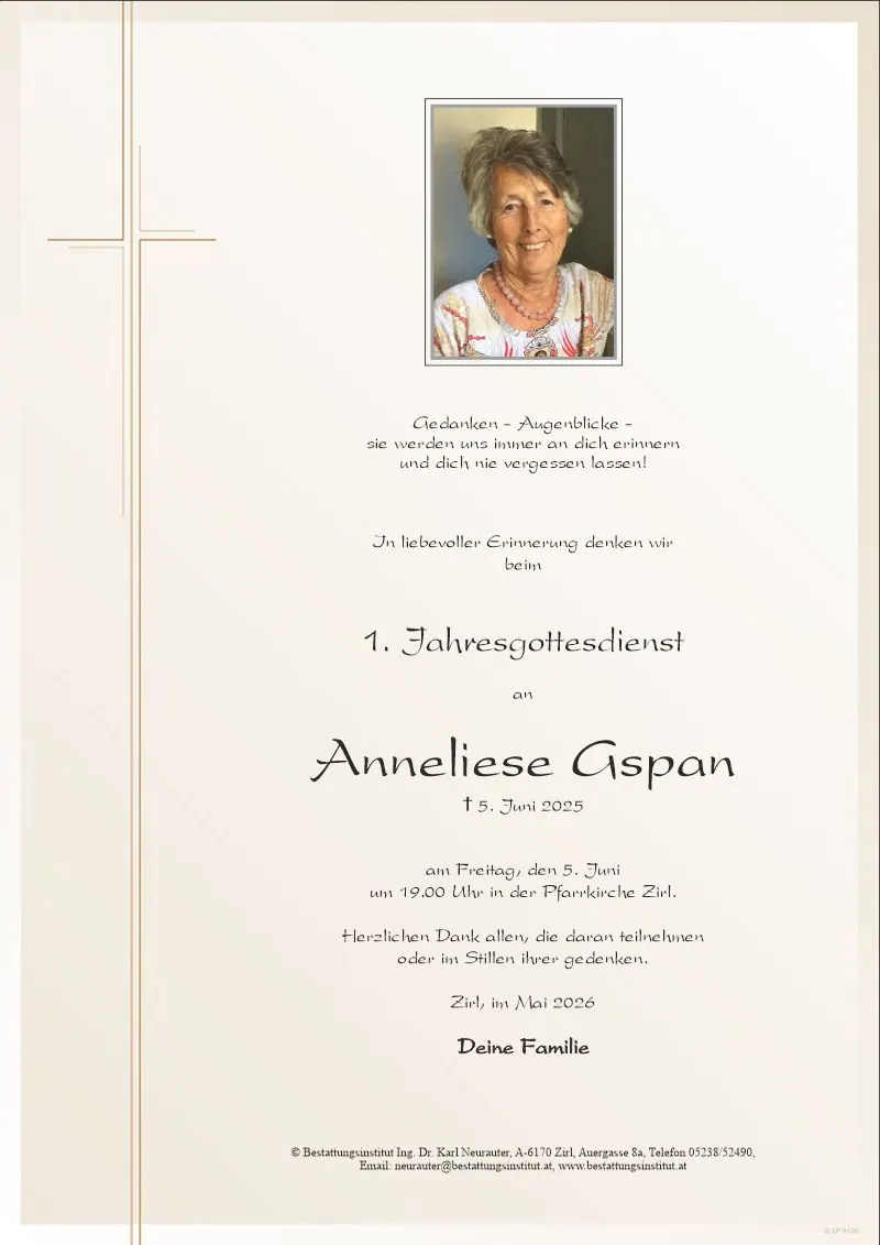 Jahrtagsanzeige von Anneliese Gspan