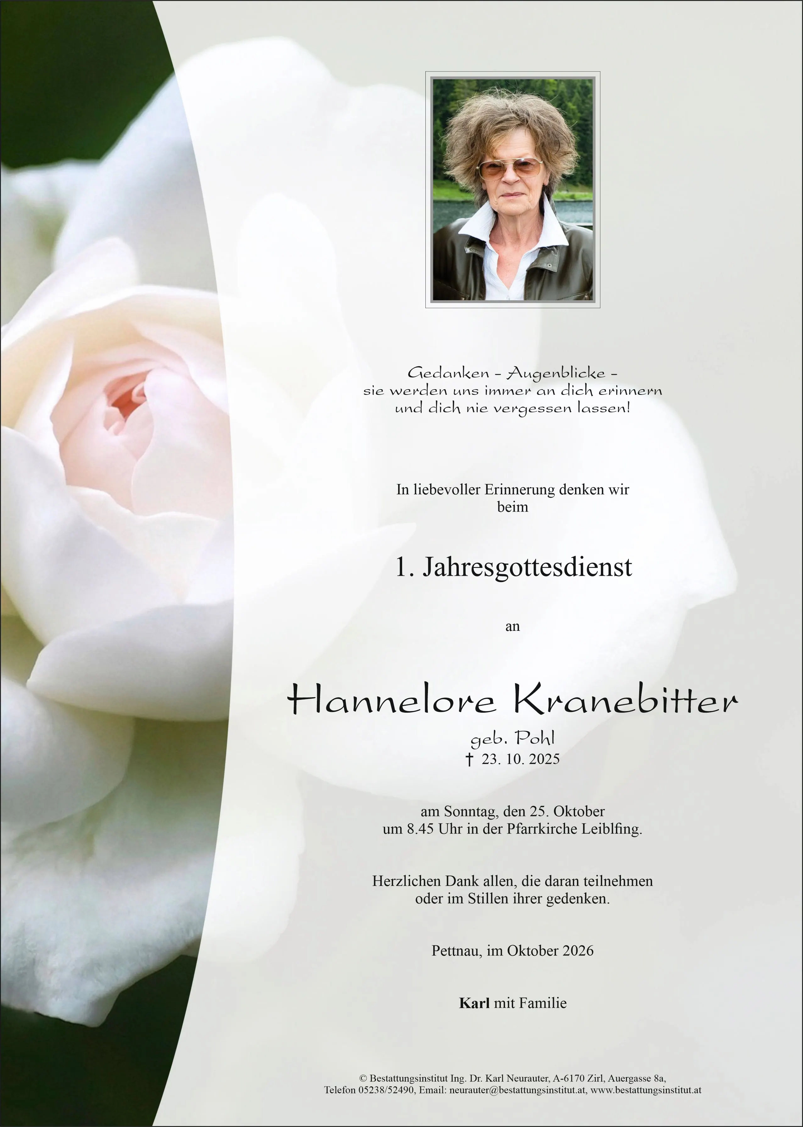 Jahrtag im Gedenken an Hannelore Kranebitter, Pettnau