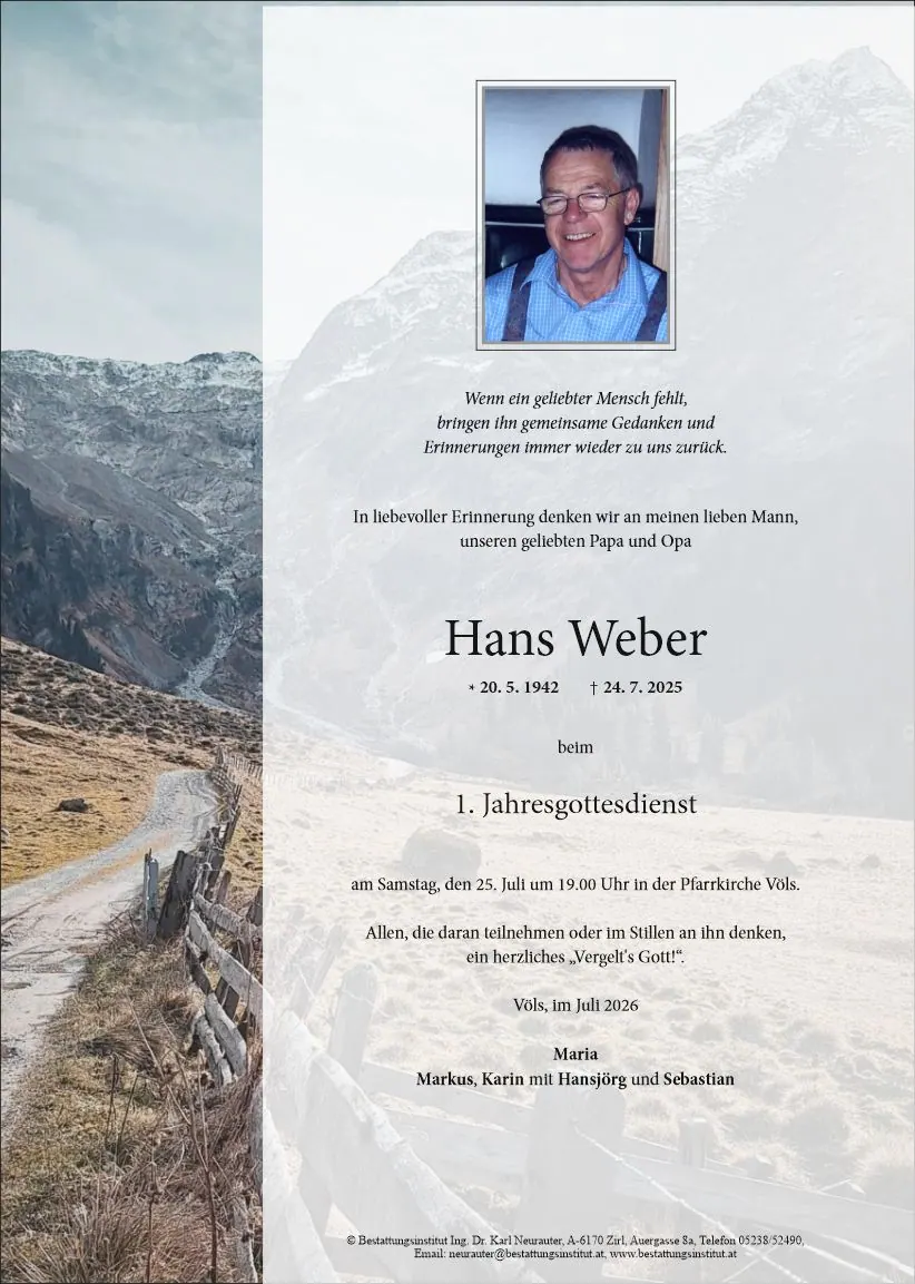 Jahrtagsanzeige von Hans Weber