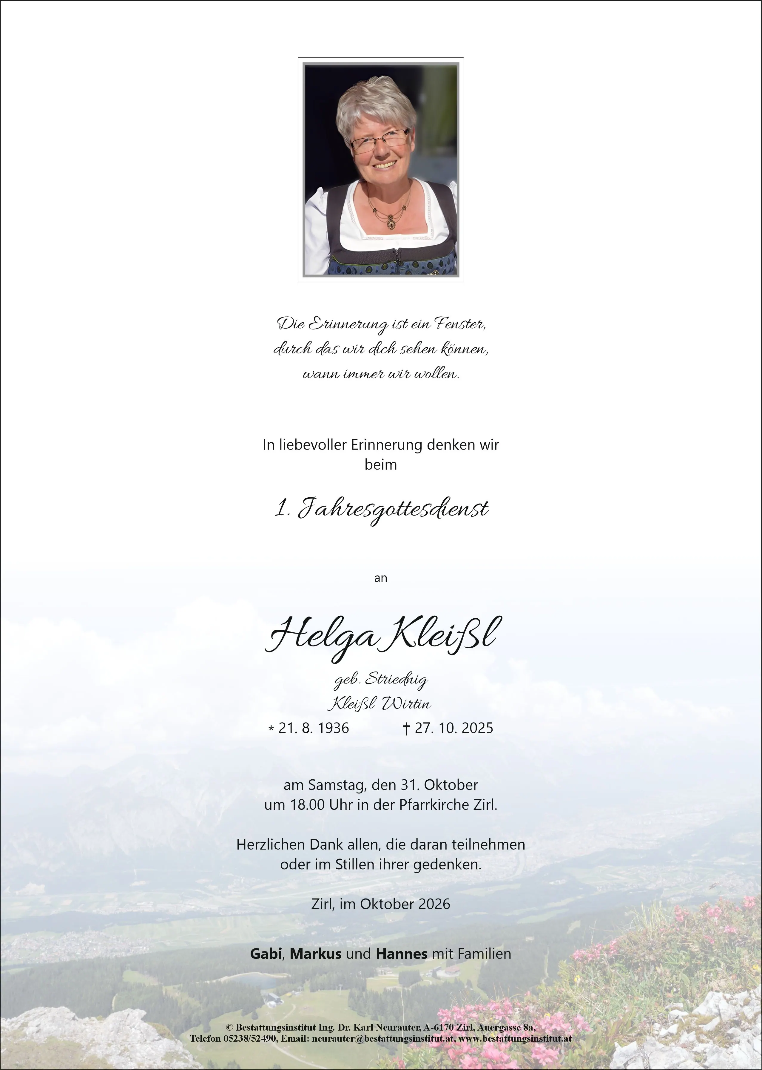 Jahrtag im Gedenken an Helga Kleißl, Zirl