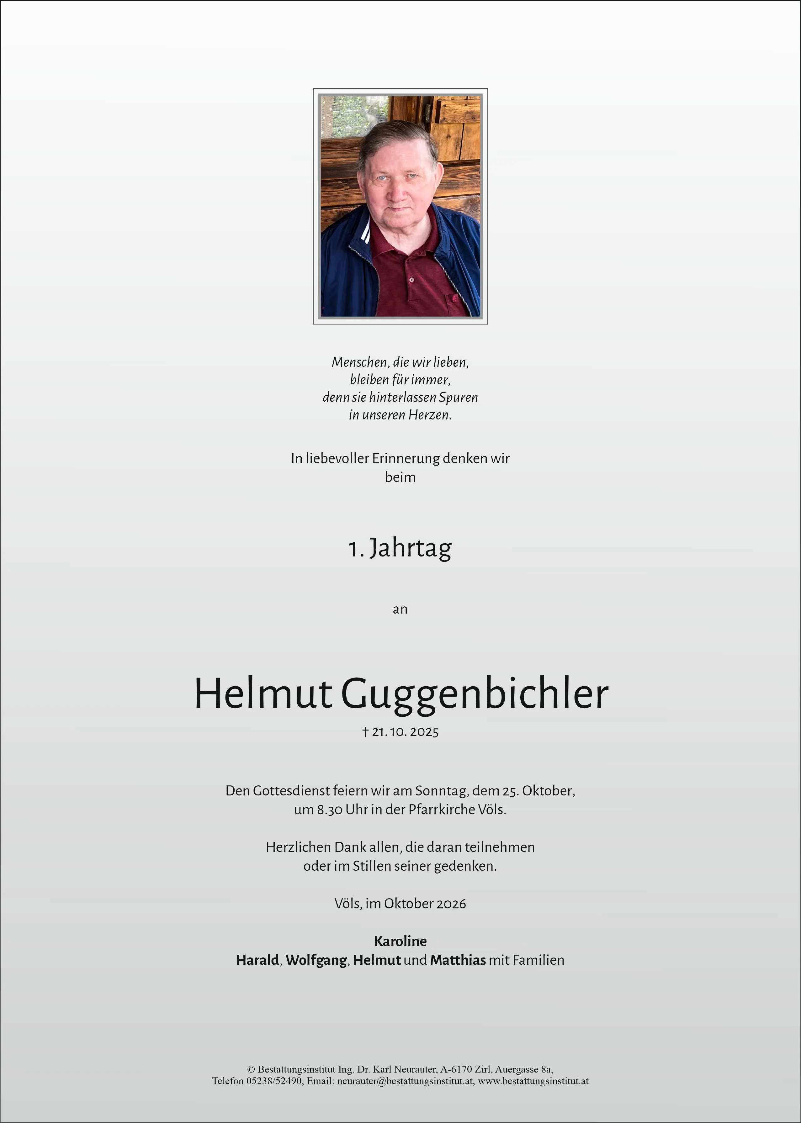Jahrtag im Gedenken an Helmut Guggenbichler, Völs