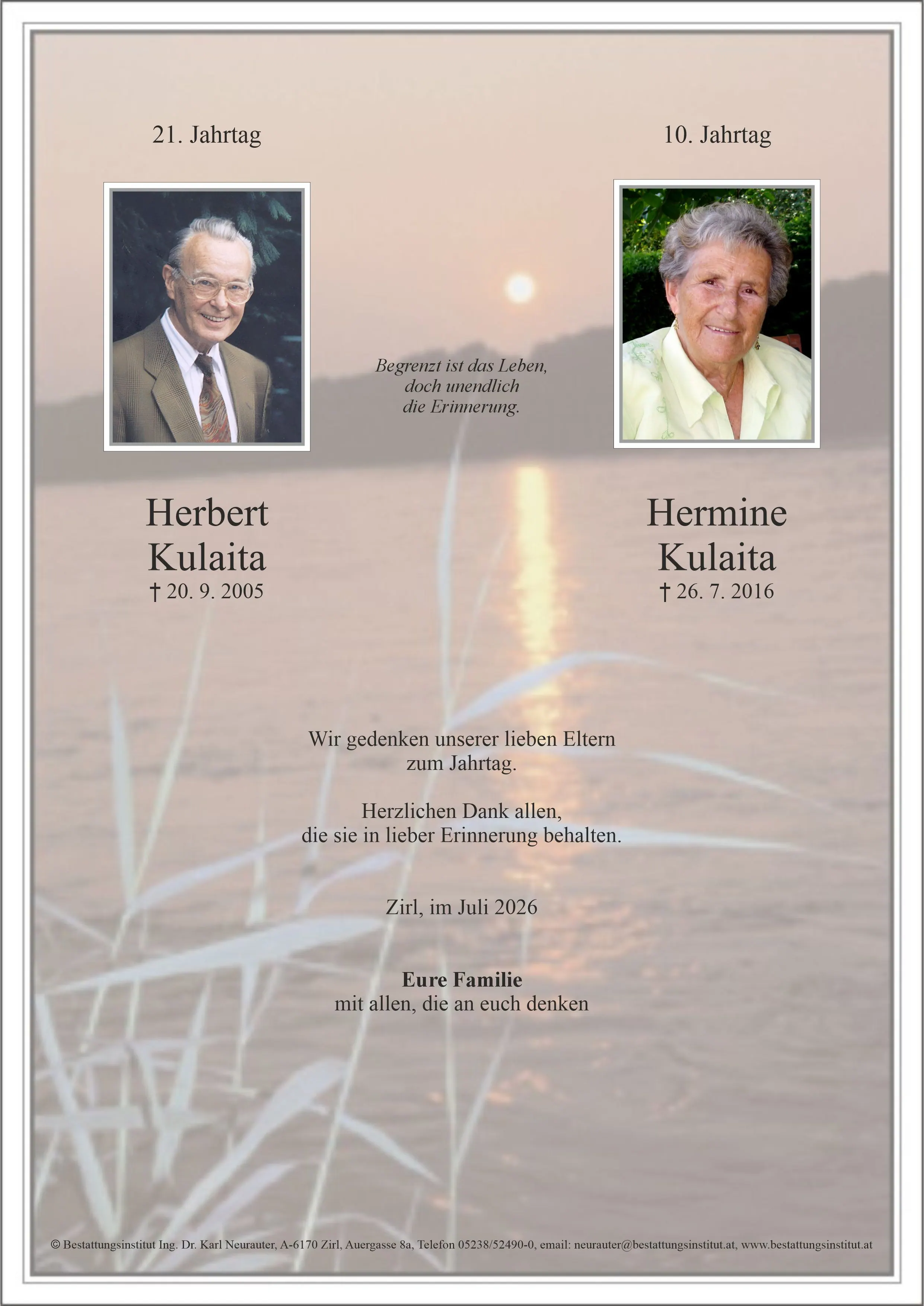 Jahrtagsanzeige von Herbert Kulaita