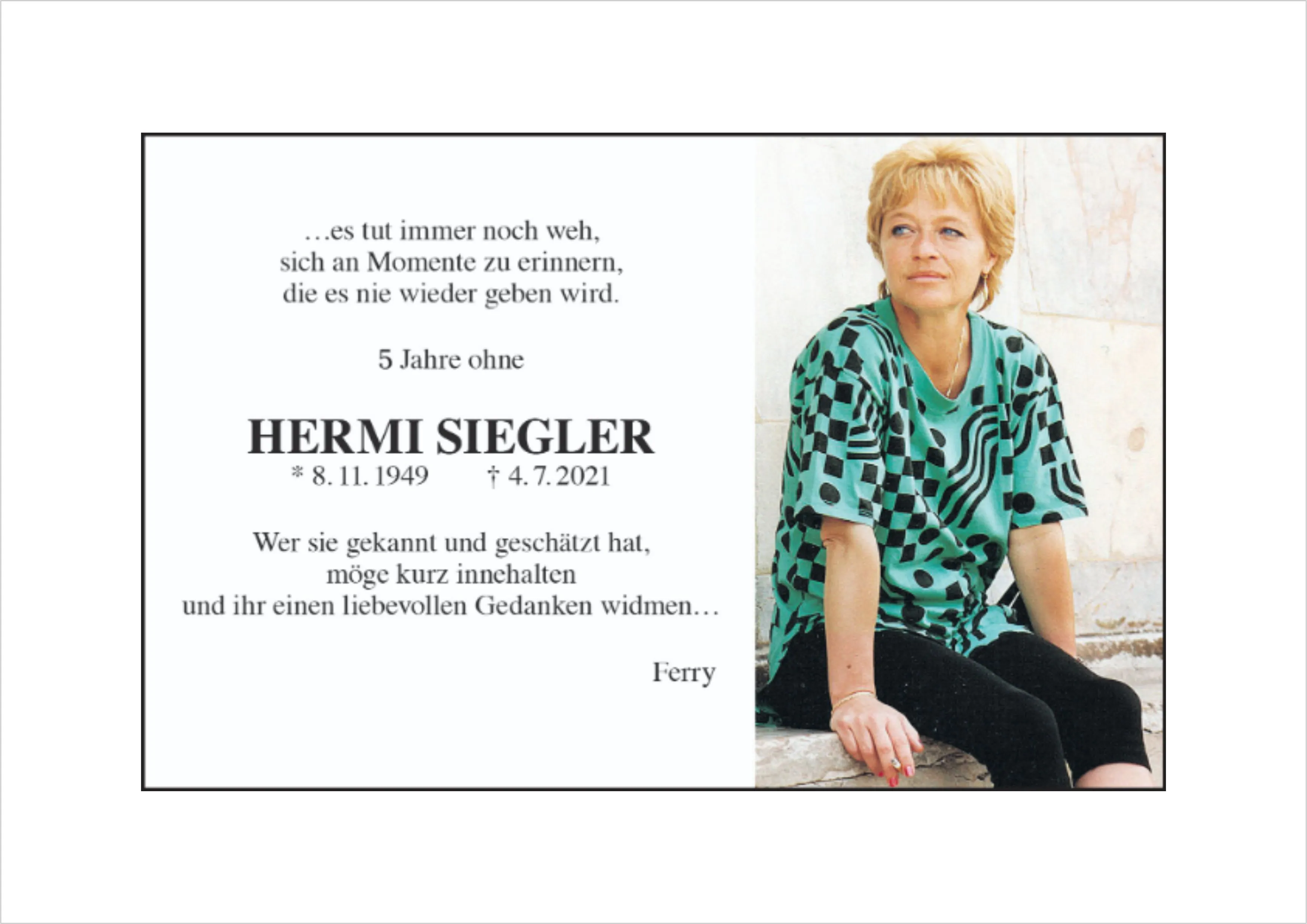 Jahrtagsanzeige von Hermine Siegler