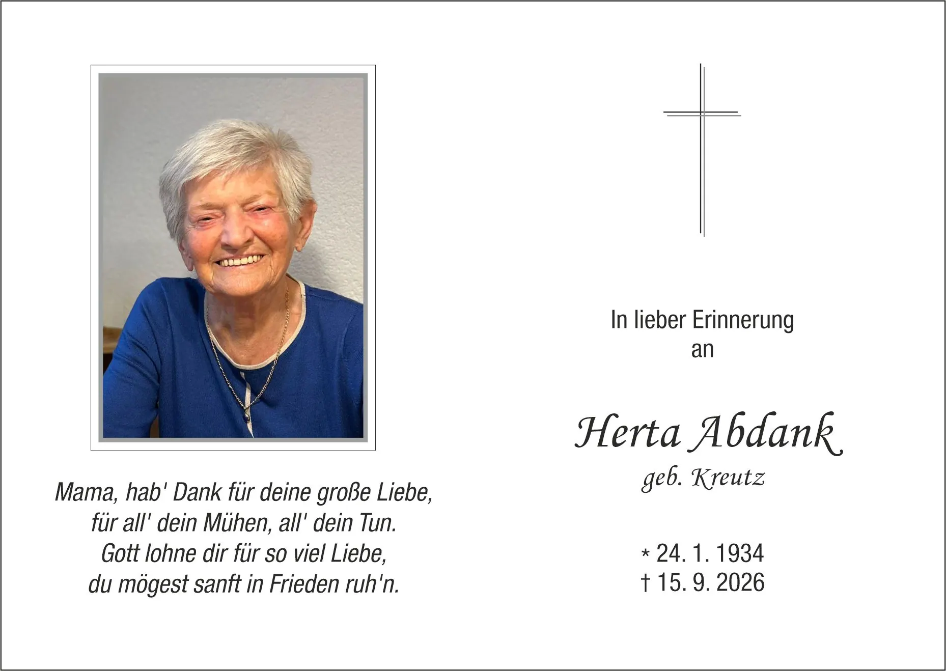 Sterbebild von Herta Abdank, Zirl