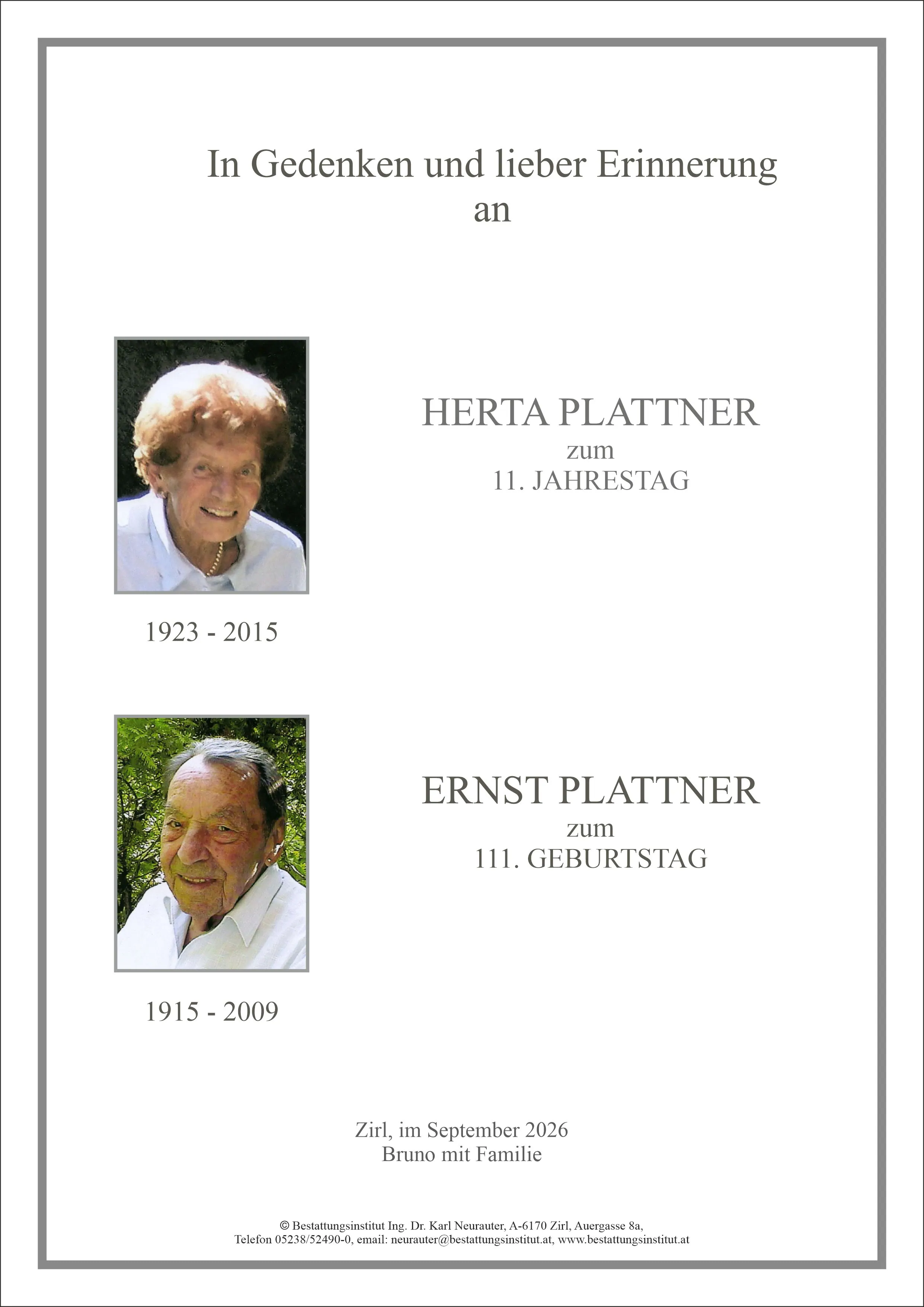 Jahrtagsanzeige von Herta Plattner