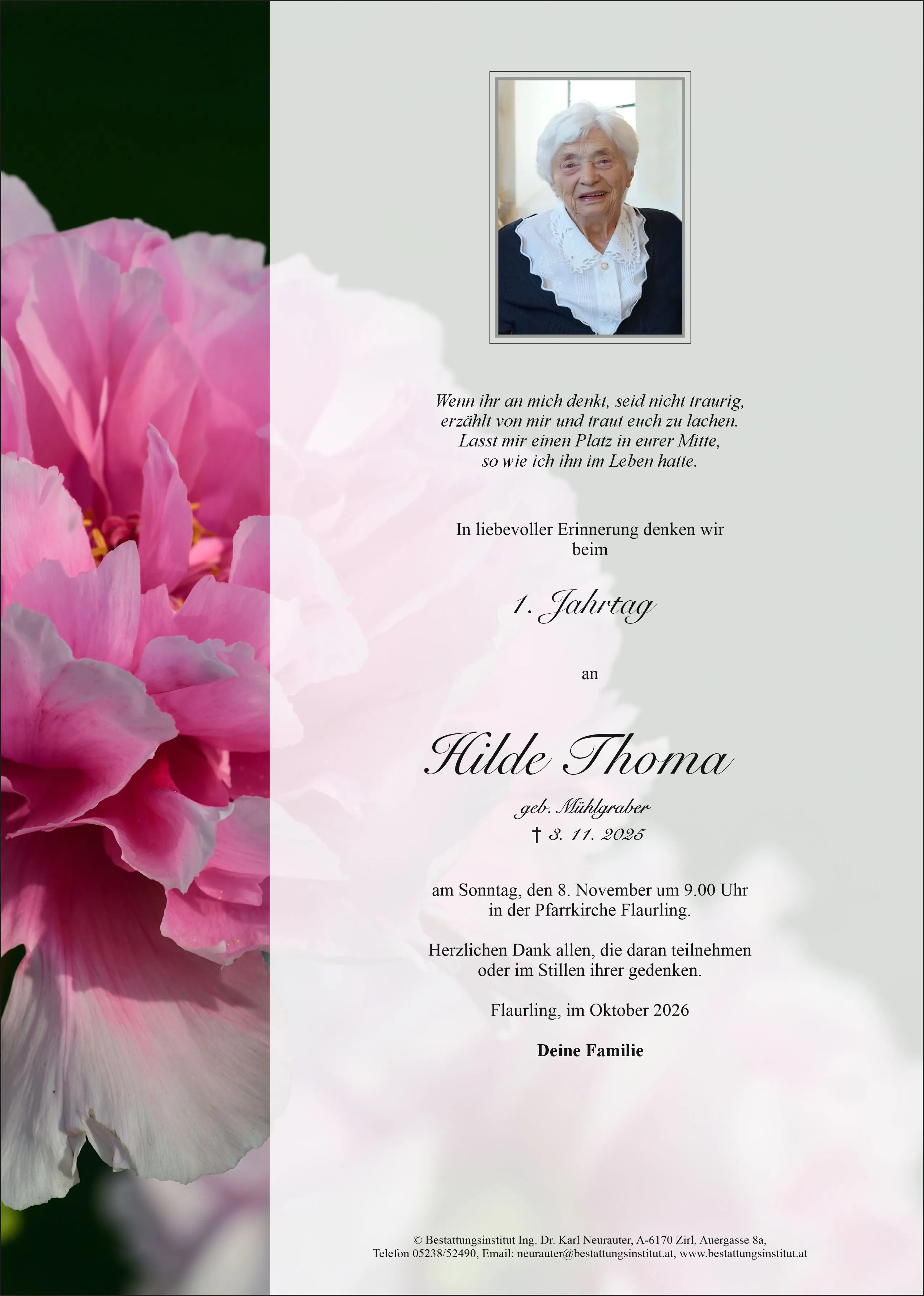 Jahrtag im Gedenken an Hilde Thoma, Flaurling
