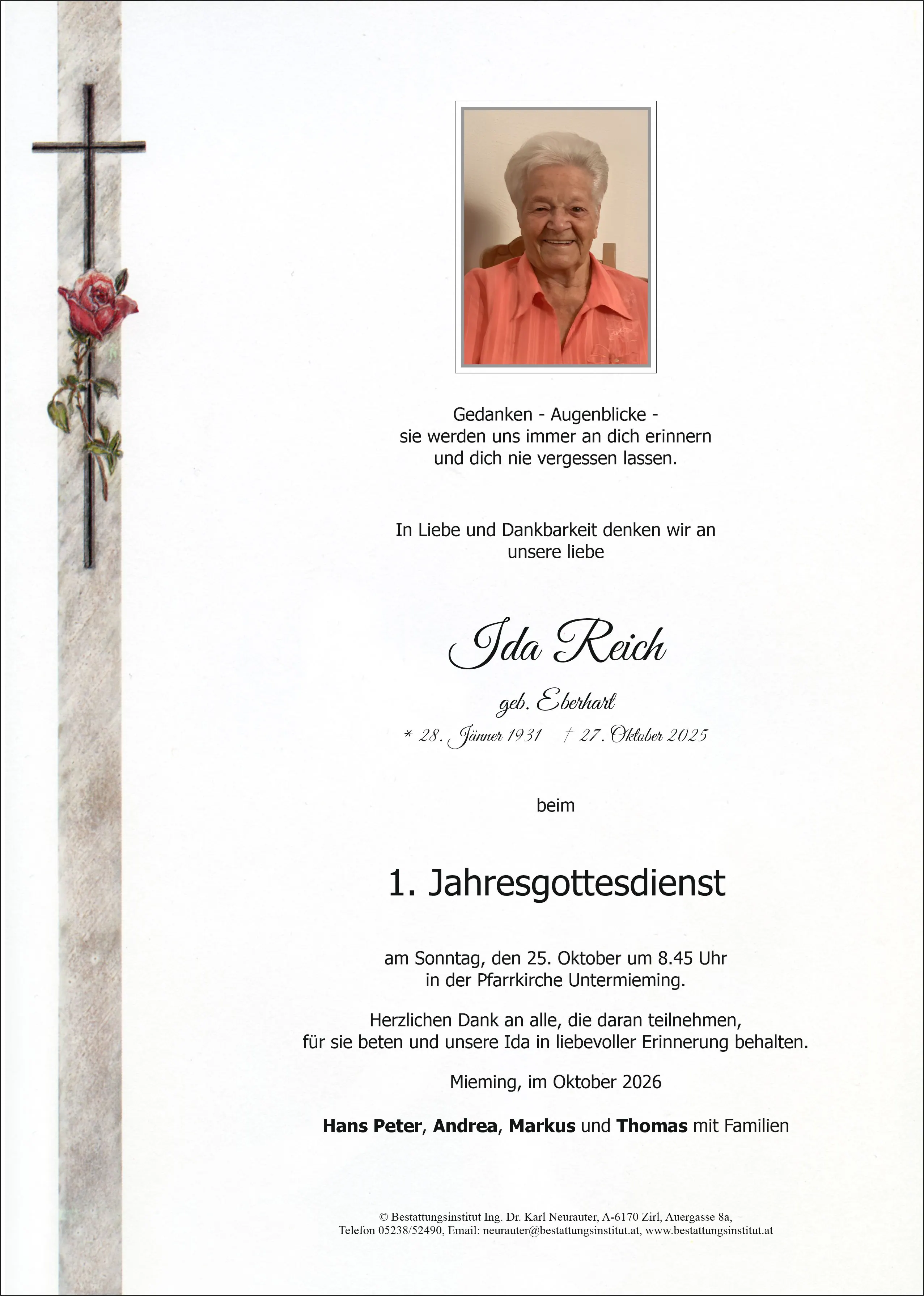 Jahrtag im Gedenken an Ida Reich, Untermieming