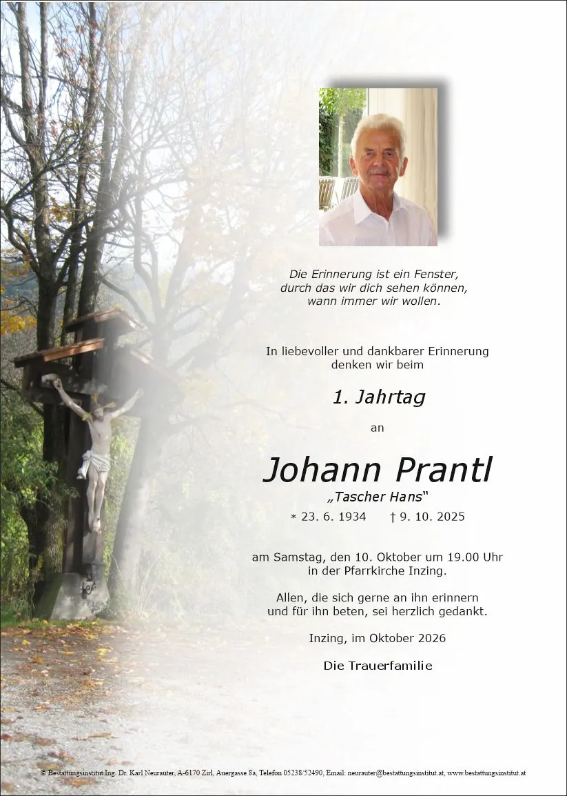Jahrtag im Gedenken an Johann Prantl, Inzing