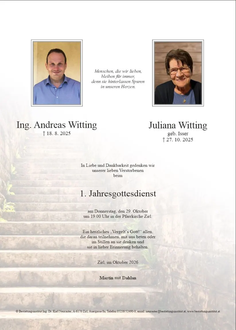 Jahrtag im Gedenken an Juliana Witting, Zirl