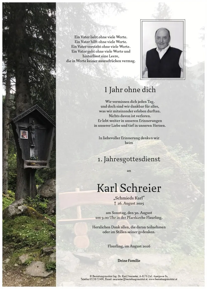 Jahrtagsanzeige von Karl Schreier