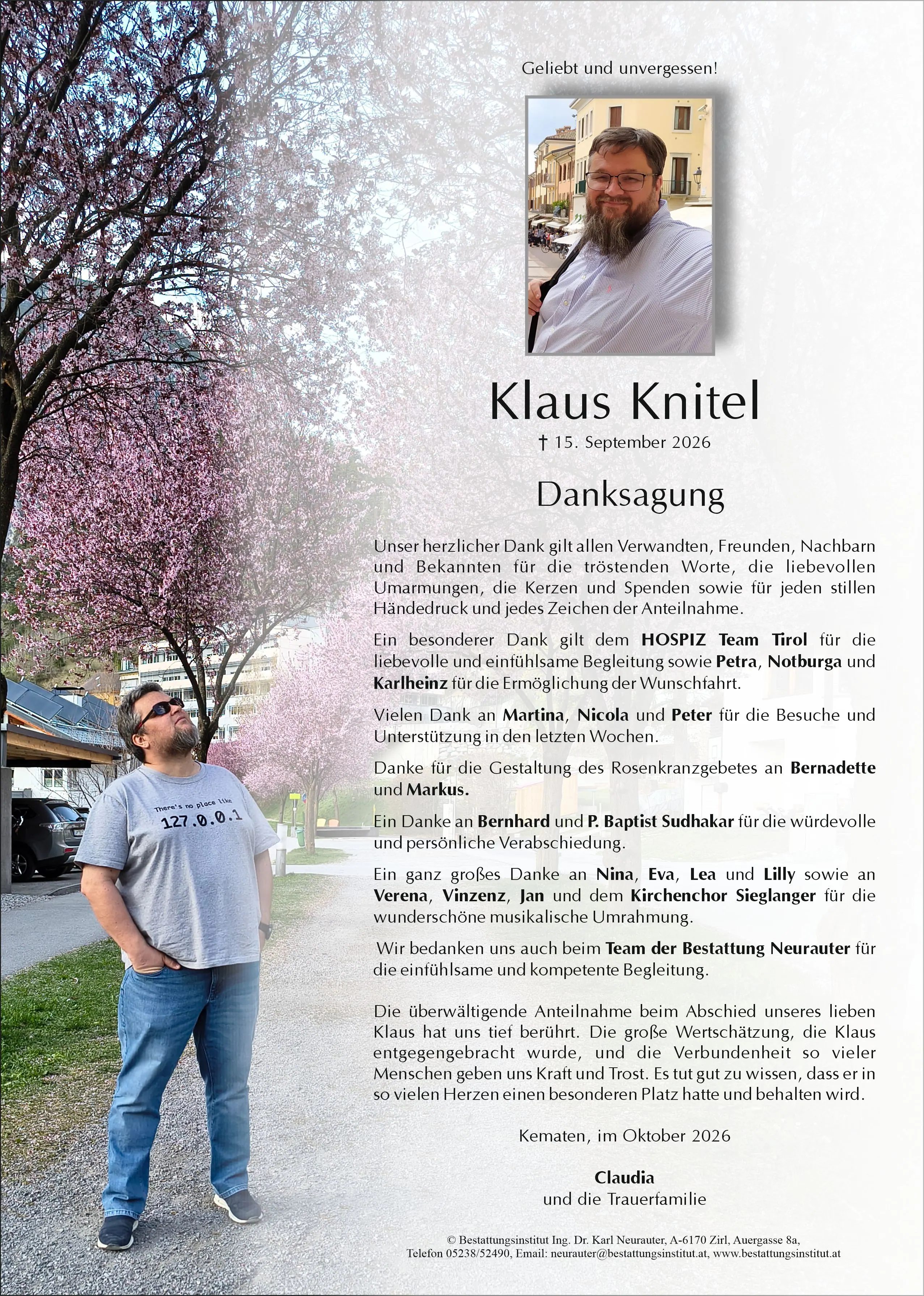 Danksagung im Gedenken an Klaus Knitel, Kematen