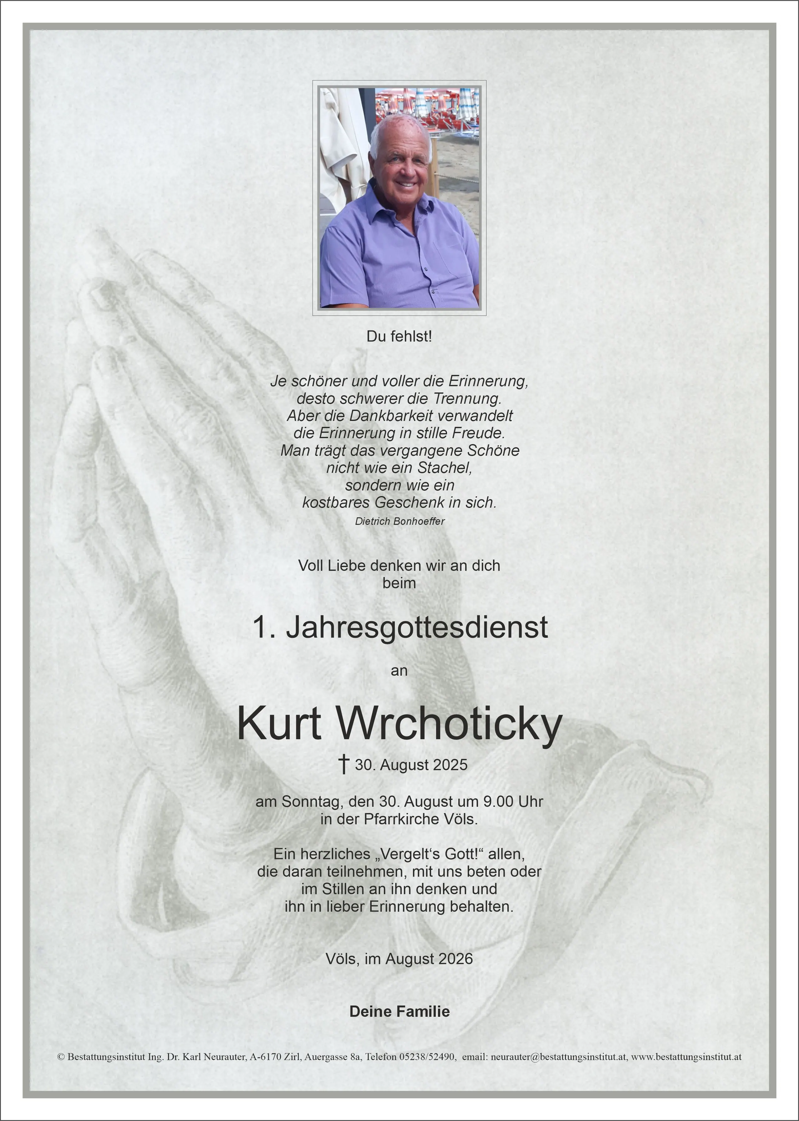 Jahrtagsanzeige von Kurt Wrchoticky