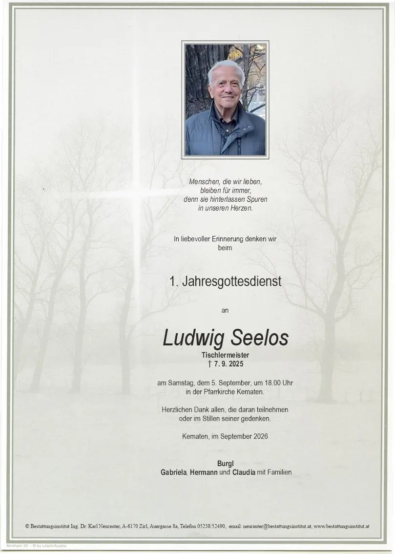 Jahrtagsanzeige von Ludwig Seelos