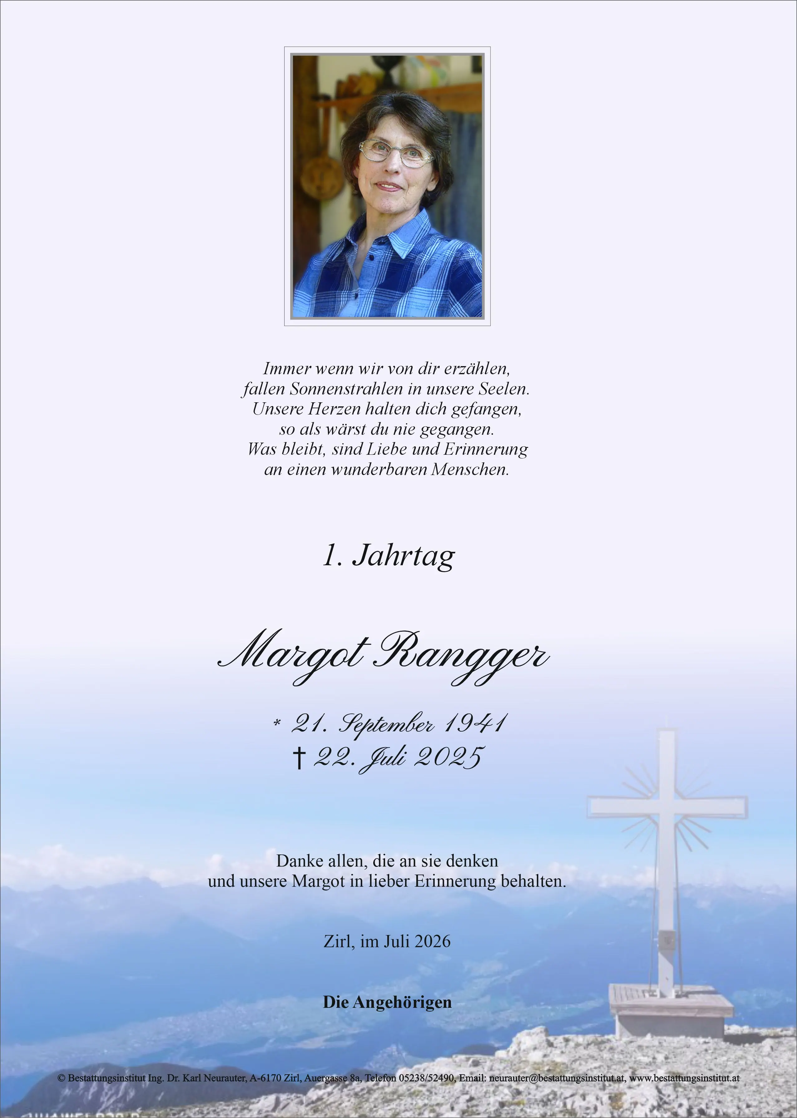 Jahrtagsanzeige von Margot Rangger
