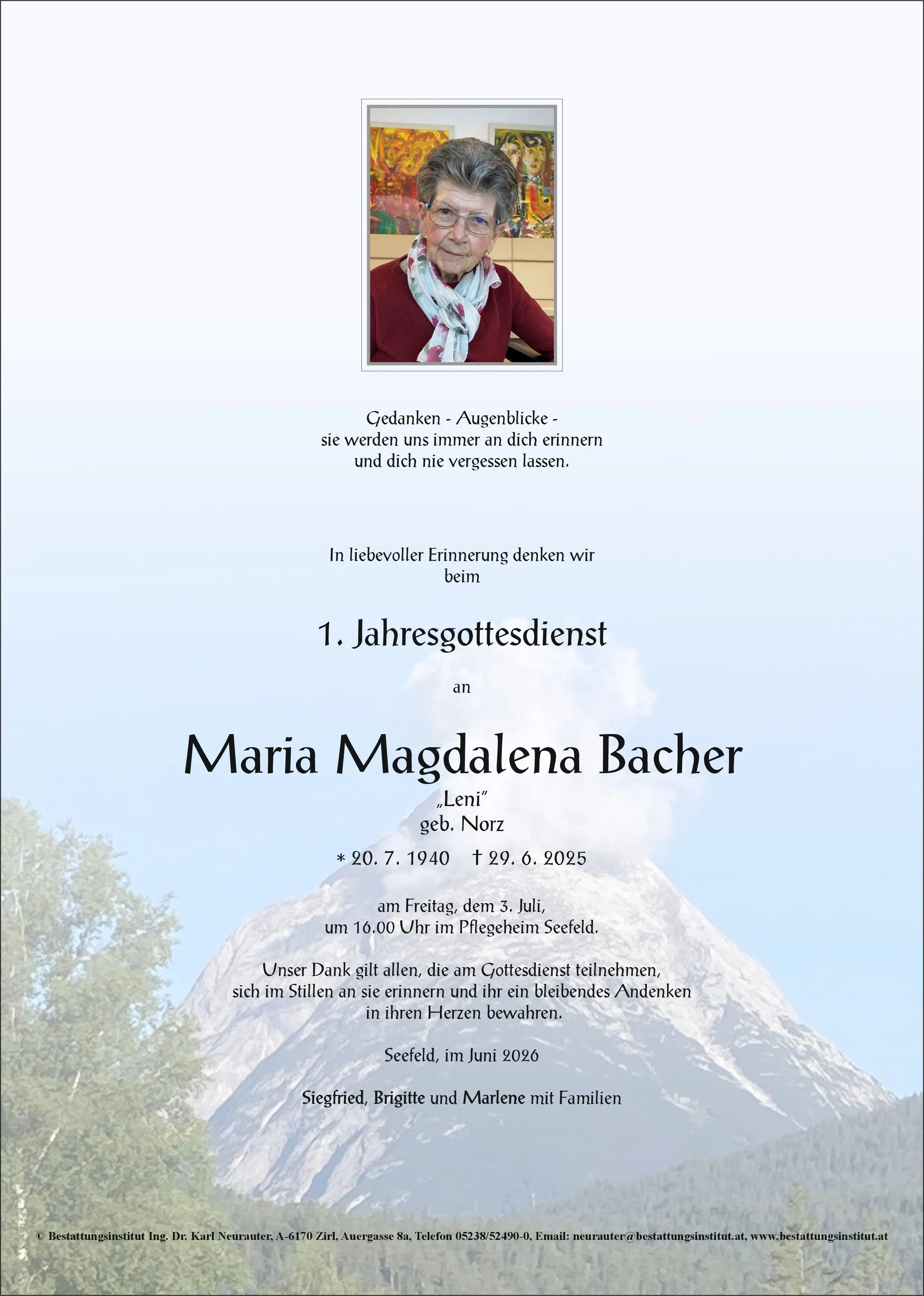 Jahrtagsanzeige von Maria Magdalena Bacher
