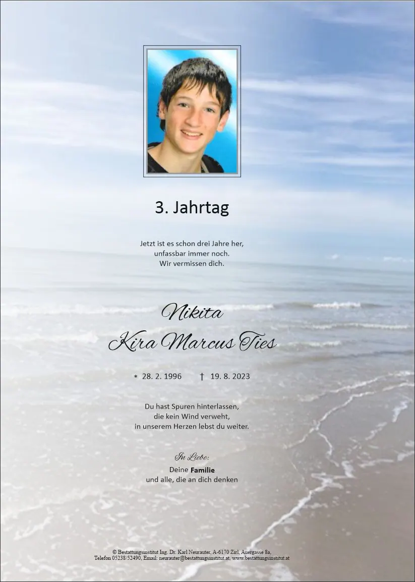 Jahrtagsanzeige von Nikita Kira Ties