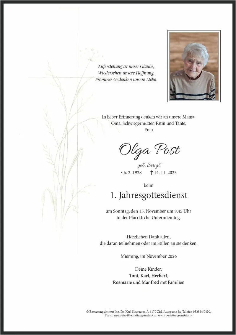 Jahrtag im Gedenken an Olga Post, Untermieming