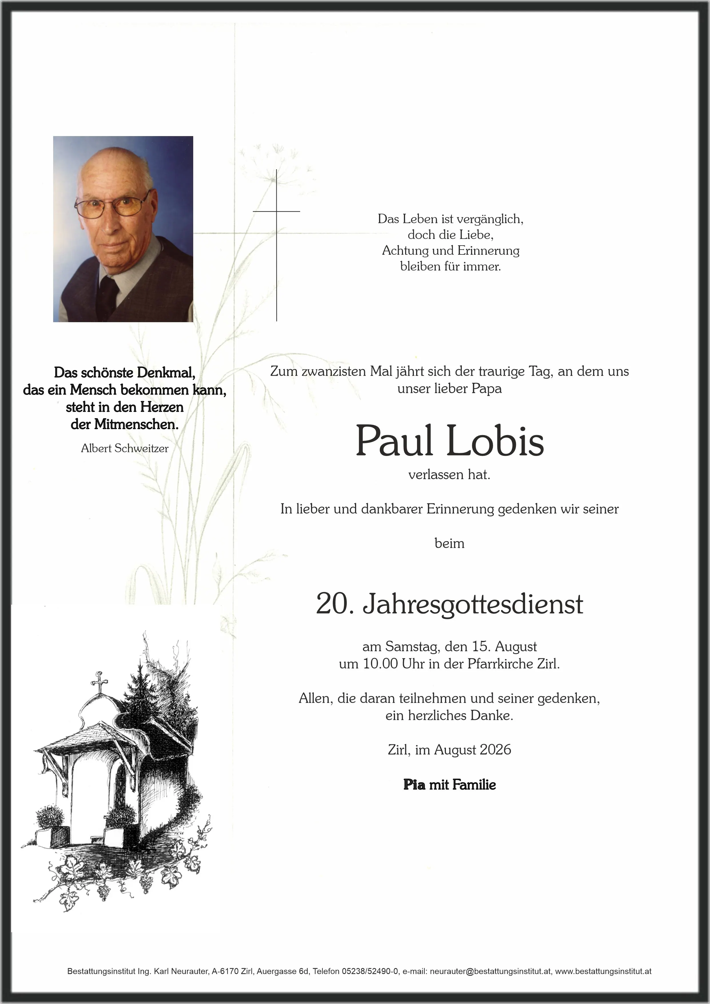 Jahrtagsanzeige von Paul Lobis