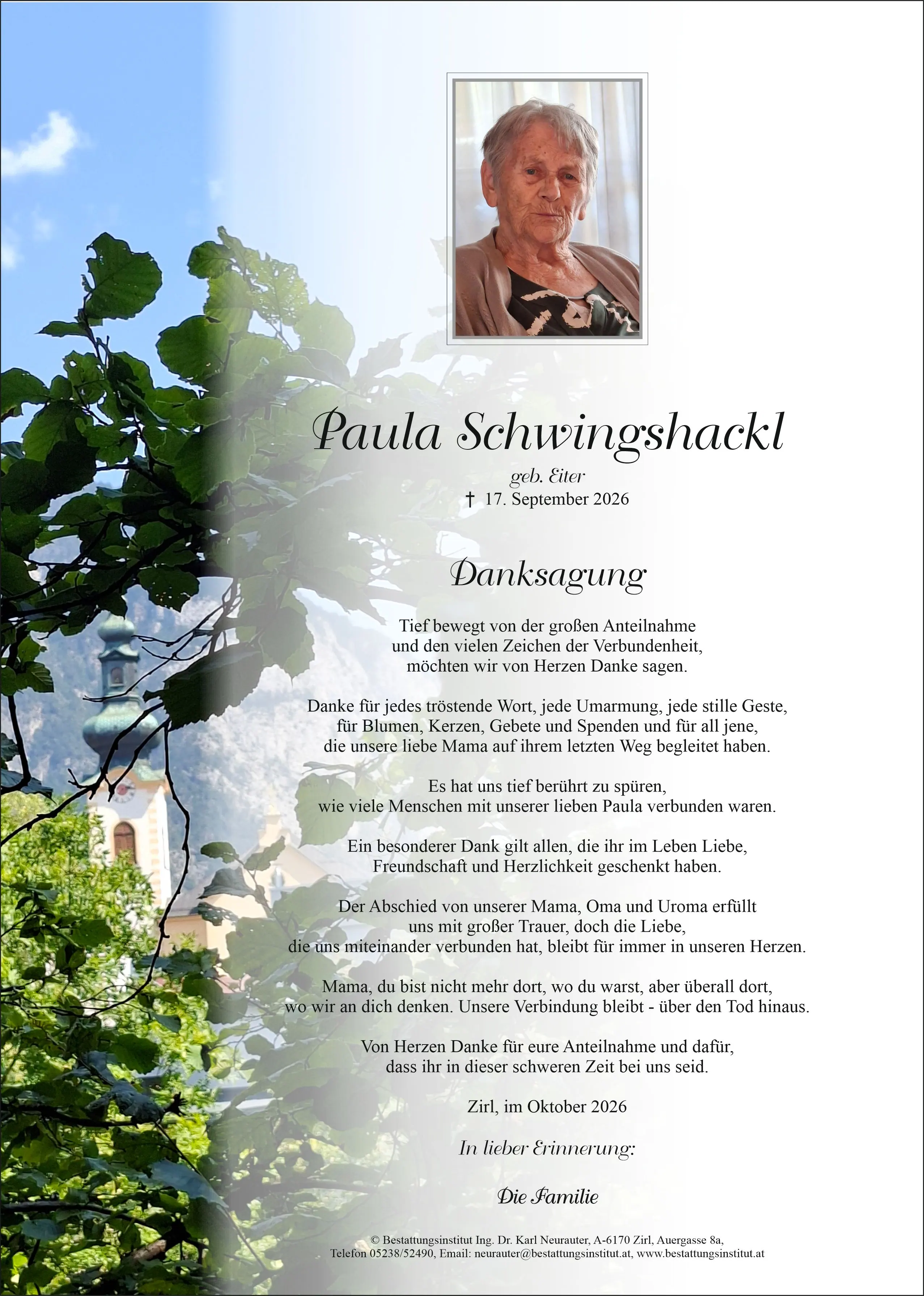 Danksagung im Gedenken an Paula Schwingshackl, Zirl
