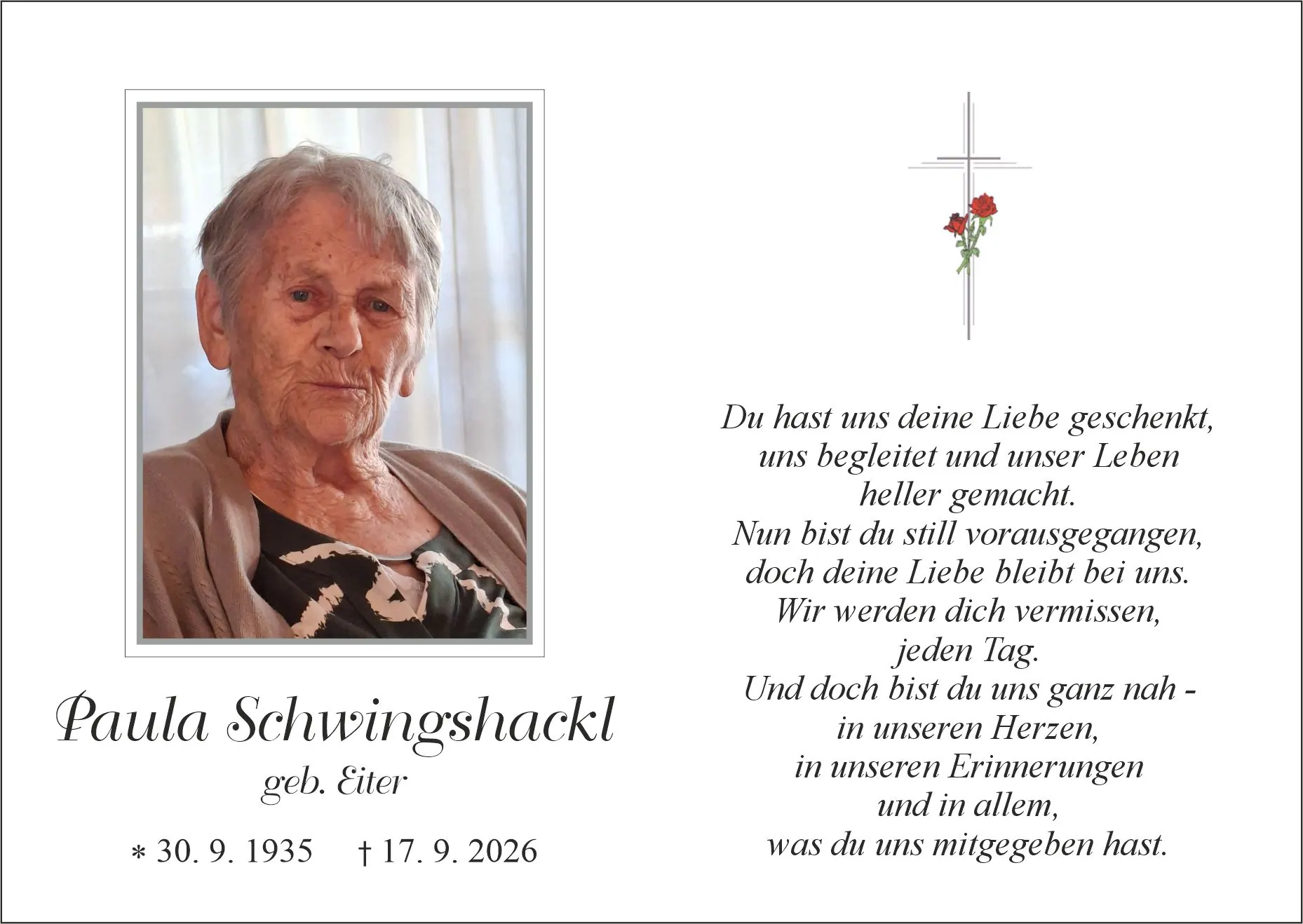 Sterbebild von Paula Schwingshackl, Zirl