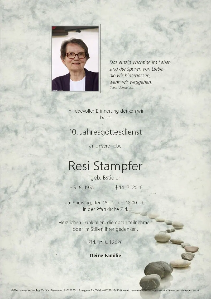 Jahrtagsanzeige von Resi Stampfer