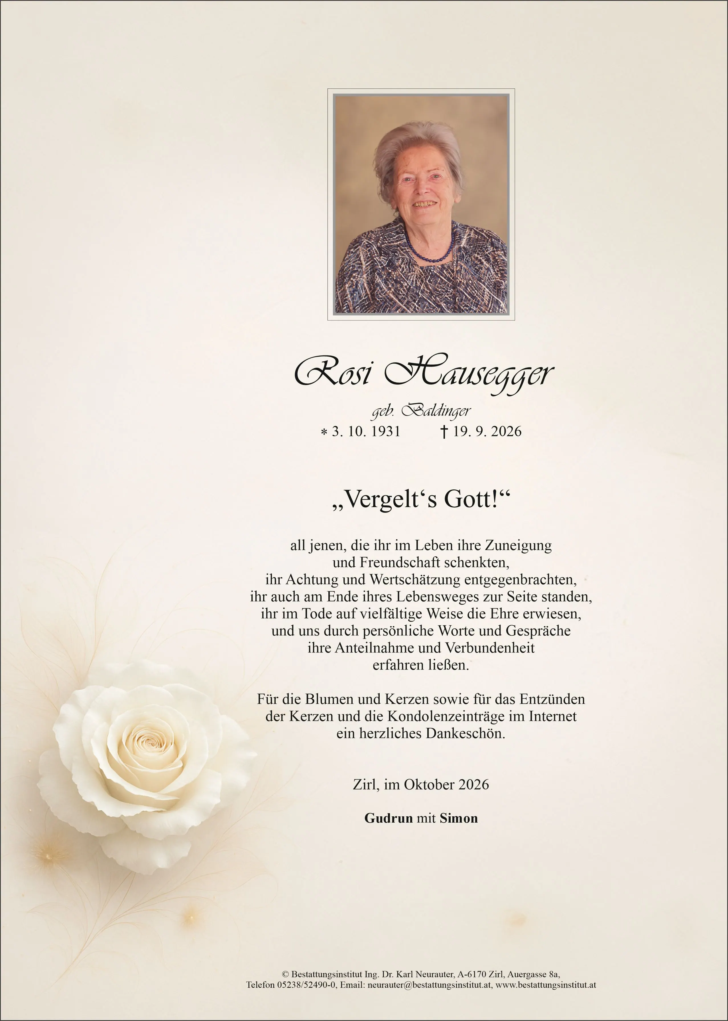 Danksagung im Gedenken an Rosa Hausegger, Zirl