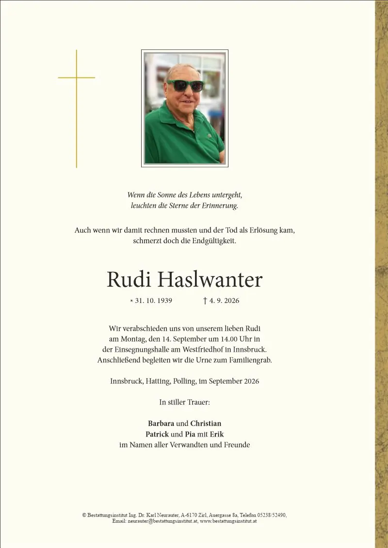 Parte von Rudi Haslwanter, Innsbruck und Westfriedhof