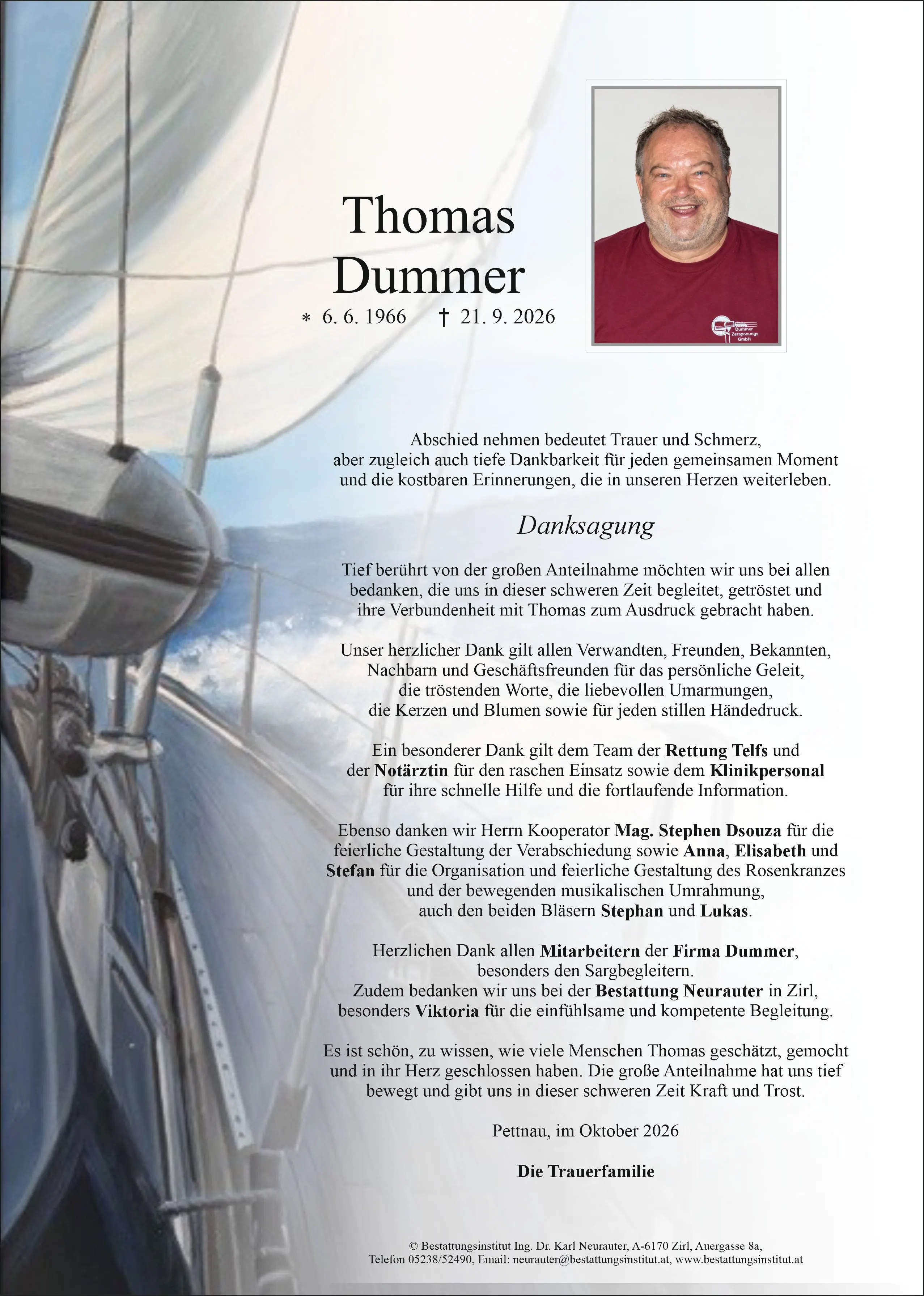 Danksagung im Gedenken an Thomas Dummer, Pettnau