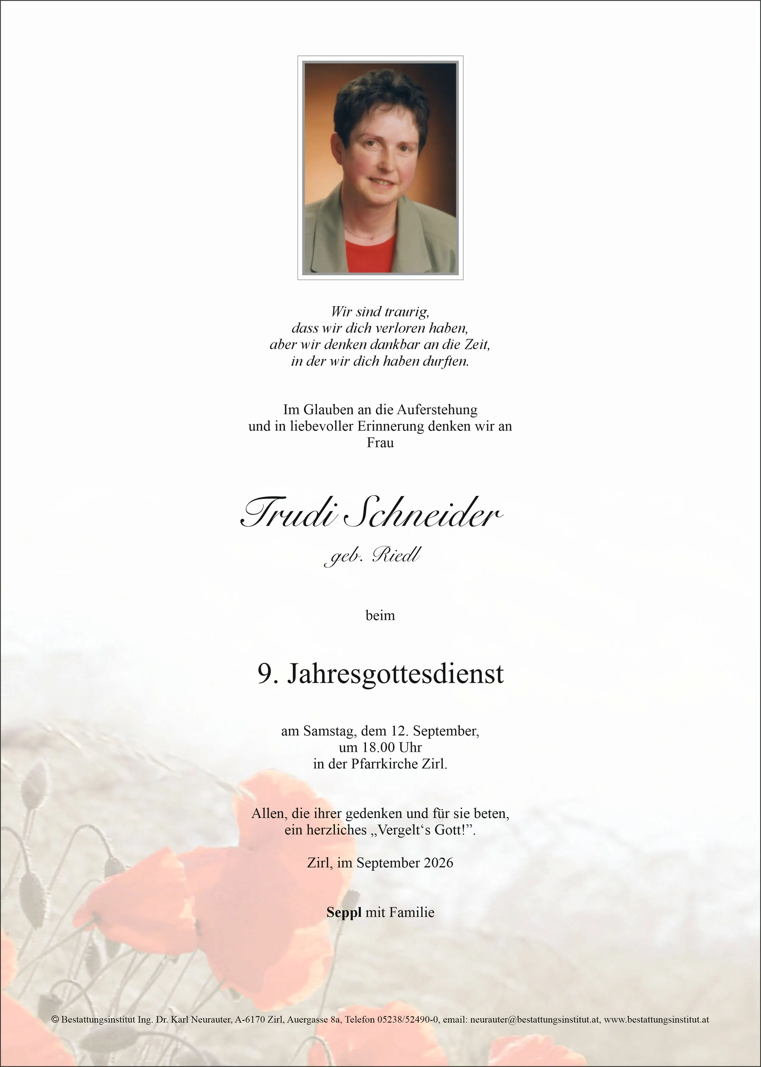 Jahrtagsanzeige von Trudi Schneider